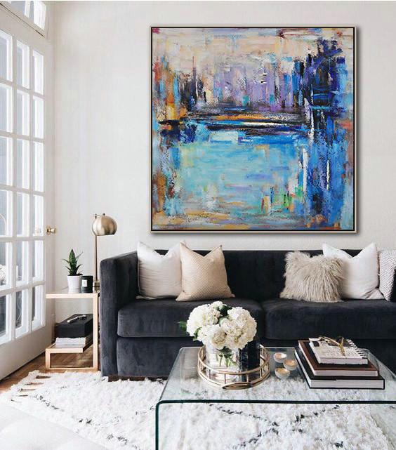 Handmade Large Painting,Oversized Abstract Landscape Painting,Acrylic Painting On Canvas,Purple,Blue,Yellow.etc
